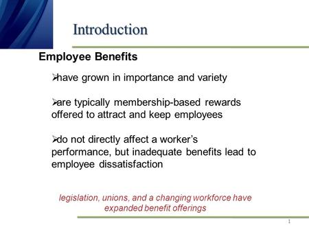 Introduction 1 legislation, unions, and a changing workforce have expanded benefit offerings Employee Benefits  have grown in importance and variety 