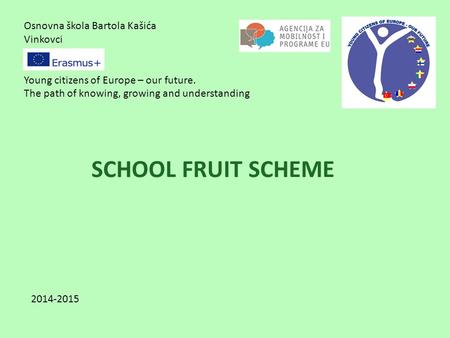Osnovna škola Bartola Kašića Vinkovci Young citizens of Europe – our future. The path of knowing, growing and understanding SCHOOL FRUIT SCHEME 2014-2015.