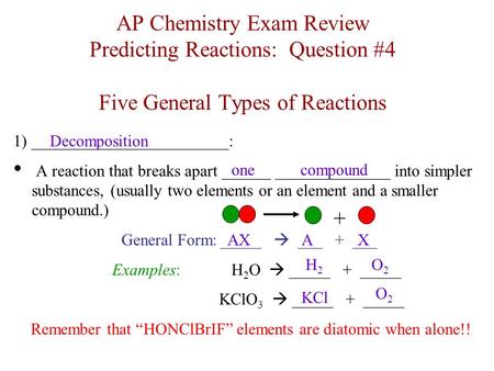 AP Chemistry Exam Review Predicting Reactions: Question #4 Five General Types of Reactions 1) ________________________: A reaction that breaks apart ______.