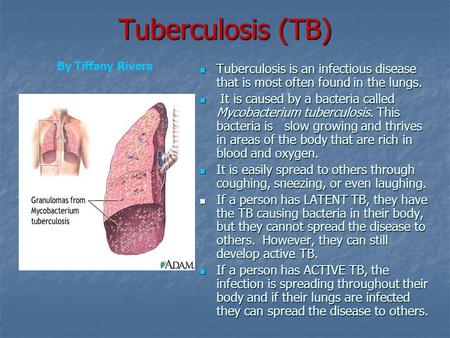 Tuberculosis (TB) Tuberculosis is an infectious disease that is most often found in the lungs. Tuberculosis is an infectious disease that is most often.