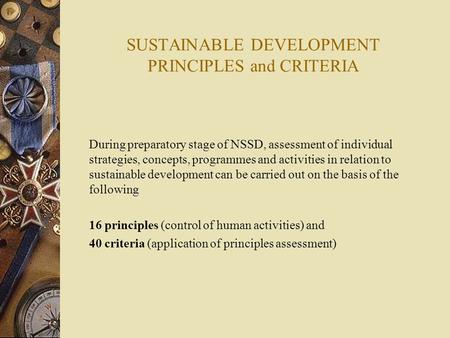 SUSTAINABLE DEVELOPMENT PRINCIPLES and CRITERIA During preparatory stage of NSSD, assessment of individual strategies, concepts, programmes and activities.