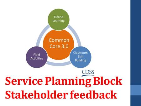 Service Planning Block Stakeholder feedback. Agenda Welcome Orientation Acknowledgements Overview of Common Core 3.0 Overview of Service Planning Block.