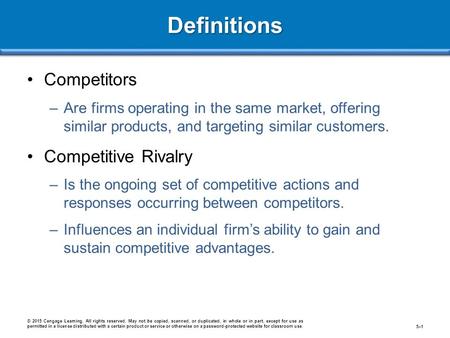 Definitions Competitors –Are firms operating in the same market, offering similar products, and targeting similar customers. Competitive Rivalry –Is the.