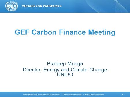 1 GEF Carbon Finance Meeting Pradeep Monga Director, Energy and Climate Change UNIDO.