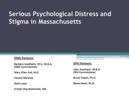 Serious Psychological Distress and Stigma in Massachusetts DMH Partners Barbara Leadholm, M.S., M.B.A. DMH Commissioner Mary Ellen Foti, M.D. Connie Maranto.