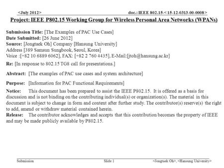 Doc.: IEEE 802.15- Submission, Slide 1 Project: IEEE P802.15 Working Group for Wireless Personal Area Networks (WPANs) Submission Title: [The Examples.