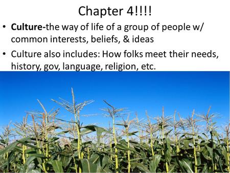 Chapter 4!!!! Culture-the way of life of a group of people w/ common interests, beliefs, & ideas Culture also includes: How folks meet their needs, history,