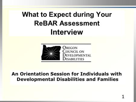 11 An Orientation Session for Individuals with Developmental Disabilities and Families What to Expect during Your ReBAR Assessment Interview.