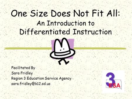 One Size Does Not Fit All: An Introduction to Differentiated Instruction Facilitated By Sara Fridley Region 3 Education Service Agency
