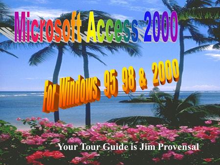 Your Tour Guide is Jim Provensal. What We Will Cover s Introduction to MicroSoft Access u What is a database u What is a “Relational” Database s The Major.