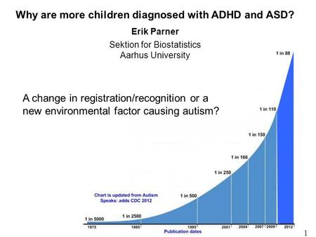 1 Why are more children diagnosed with ADHD and ASD? Erik Parner Sektion for Biostatistics Aarhus University A change in registration/recognition or a.