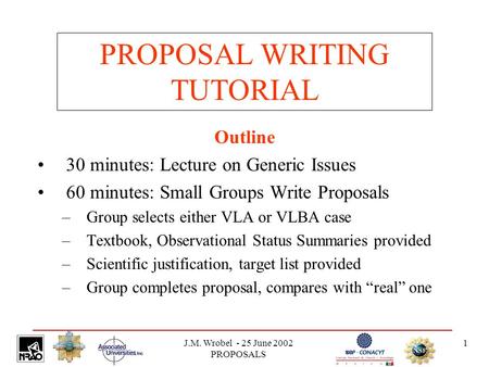 J.M. Wrobel - 25 June 2002 PROPOSALS 1 PROPOSAL WRITING TUTORIAL Outline 30 minutes: Lecture on Generic Issues 60 minutes: Small Groups Write Proposals.