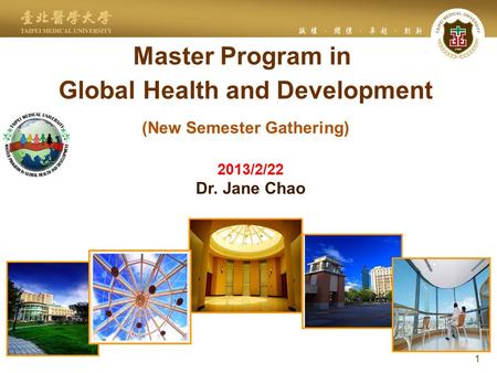 Master Program in Global Health and Development (New Semester Gathering) 1 2013/2/22 Dr. Jane Chao.
