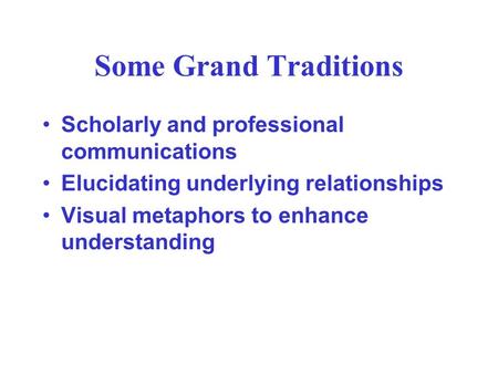 Some Grand Traditions Scholarly and professional communications Elucidating underlying relationships Visual metaphors to enhance understanding.