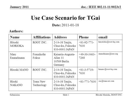Doc.: IEEE 802.11-11/0023r2 Submission January 2011 Hitoshi Morioka, ROOT INC.Slide 1 Use Case Scenario for TGai Date: 2011-01-18 Authors: NameAffiliationsAddressPhoneemail.