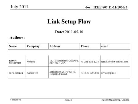 Doc.: IEEE 802.11-11/1066r2 Submission July 2011 Robert Moskowitz, VerizonSlide 1 Link Setup Flow Date: 2011-05-10 Authors: NameCompanyAddressPhoneemail.