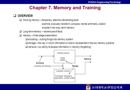 고려대학교 산업공학과 IND561 Engineering Psychology Chapter 7. Memory and Training  OVERVIEW  Working memory – temporary, attention-demanding store examine, evaluate,