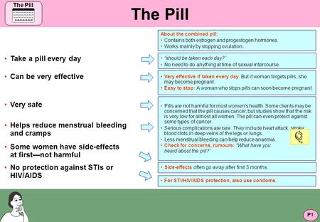 The Pill Take a pill every day Can be very effective Very safe