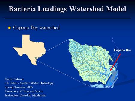 Bacteria Loadings Watershed Model Copano Bay watershed Copano Bay watershed Copano Bay Carrie Gibson CE 394K.2 Surface Water Hydrology Spring Semester.