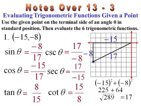Evaluating Trigonometric Functions Given a Point Use the given point on the terminal side of an angle θ in standard position. Then evaluate the 6 trigonometric.