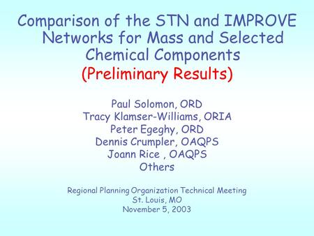 Comparison of the STN and IMPROVE Networks for Mass and Selected Chemical Components (Preliminary Results) Paul Solomon, ORD Tracy Klamser-Williams, ORIA.