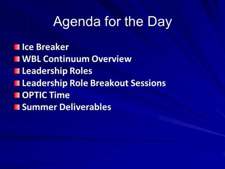 Agenda for the Day Ice Breaker WBL Continuum Overview Leadership Roles