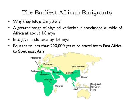 The Earliest African Emigrants Why they left is a mystery A greater range of physical variation in specimens outside of Africa at about 1.8 mya Into Java,