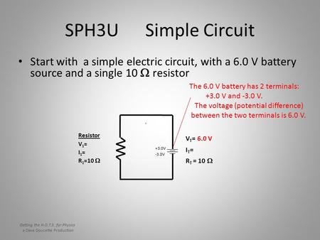 SPH3U Simple Circuit Start with a simple electric circuit, with a 6.0 V battery source and a single 10  resistor V T = 6.0 V IT=IT= R T = 10  Resistor.