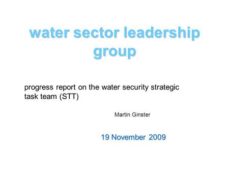 Water sector leadership group 19 November 2009 progress report on the water security strategic task team (STT) Martin Ginster.