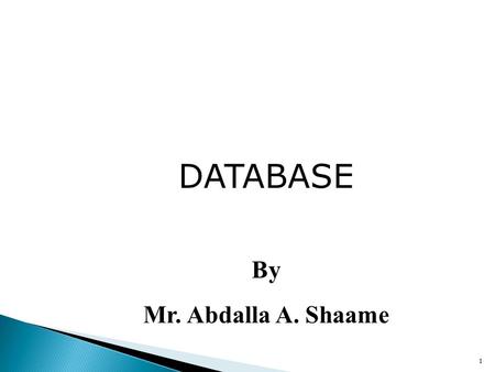 1 DATABASE By Mr. Abdalla A. Shaame.  What is a database?  The main characters of a database system  The basic database design method  The entity-relationship.
