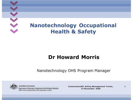 Commonwealth Safety Management Forum, 14 November 2008 1 Nanotechnology Occupational Health & Safety Dr Howard Morris Nanotechnology OHS Program Manager.