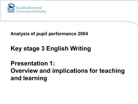 Key stage 3 English Writing Presentation 1: Overview and implications for teaching and learning Analysis of pupil performance 2004.