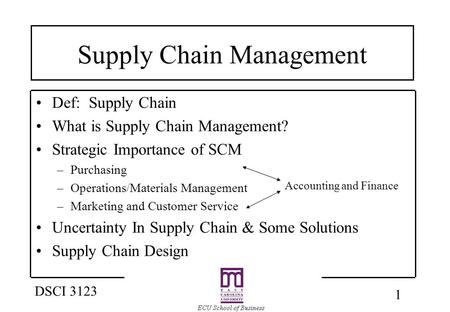 1 DSCI 3123 Supply Chain Management Def: Supply Chain What is Supply Chain Management? Strategic Importance of SCM –Purchasing –Operations/Materials Management.