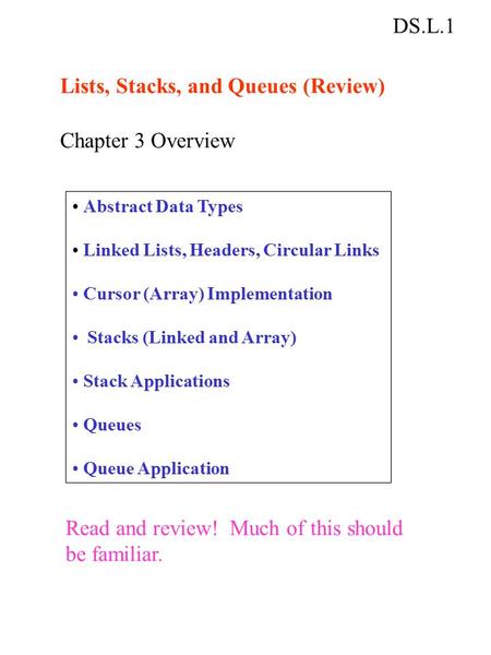 DS.L.1 Lists, Stacks, and Queues (Review) Chapter 3 Overview Abstract Data Types Linked Lists, Headers, Circular Links Cursor (Array) Implementation Stacks.