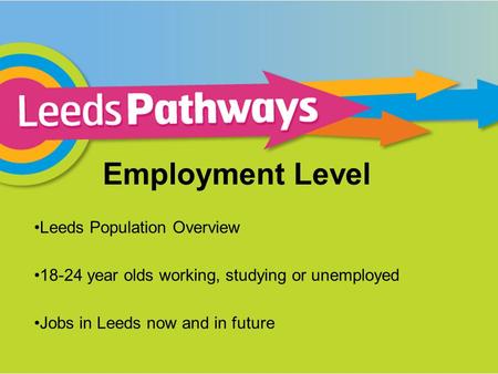 Employment Level Leeds Population Overview 18-24 year olds working, studying or unemployed Jobs in Leeds now and in future.