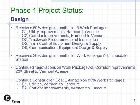 Phase 1 Project Status: Design Received 60% design submittal for 5 Work Packages: C1, Utility Improvements, Harcourt to Venice C2, Corridor Improvements,