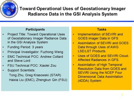 GOSE-R AWG Annual Meeting June 23-26, 2008 AWG Annual1 Toward Operational Uses of Geostationary Imager Radiance Data in the GSI Analysis System Participants.