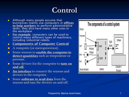 1Prepared by: Mazhar Javed Awan Control Although many people assume that businesses mainly use computers in offices to help workers to perform administrative.