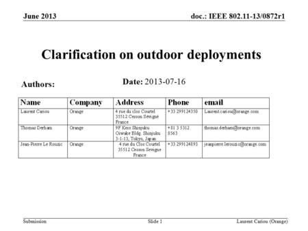 Doc.: IEEE 802.11-13/0872r1 Submission June 2013 Laurent Cariou (Orange)Slide 1 Clarification on outdoor deployments Date: 2013-07-16 Authors: