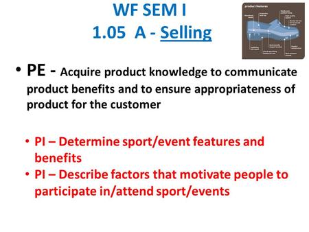 WF SEM I 1.05 A - Selling PE - Acquire product knowledge to communicate product benefits and to ensure appropriateness of product for the customer PI.