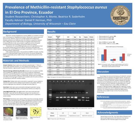 Prevalence of Methicillin-resistant Staphylococcus aureus in El Oro Province, Ecuador Student Researchers: Christopher A. Monte, Beatrice R. Soderholm.