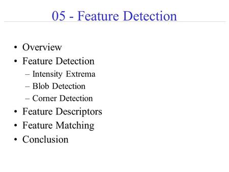 05 - Feature Detection Overview Feature Detection –Intensity Extrema –Blob Detection –Corner Detection Feature Descriptors Feature Matching Conclusion.