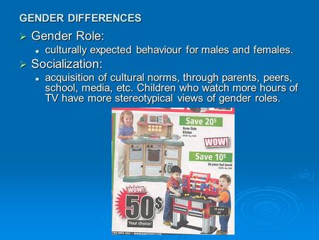 GENDER DIFFERENCES  Gender Role: culturally expected behaviour for males and females. culturally expected behaviour for males and females.  Socialization: