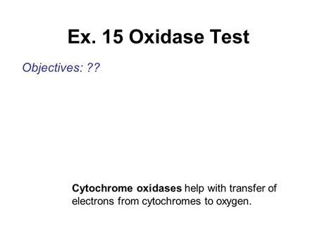 Ex. 15 Oxidase Test Objectives: ?? Cytochrome oxidases help with transfer of electrons from cytochromes to oxygen.