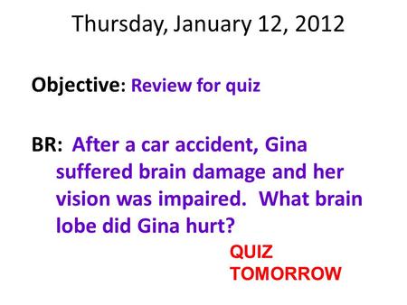 Thursday, January 12, 2012 Objective : Review for quiz BR:After a car accident, Gina suffered brain damage and her vision was impaired. What brain lobe.