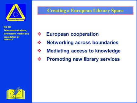 DG XIII Telecommunications, information market and exploitation of research Creating a European Library Space  European cooperation v Networking across.