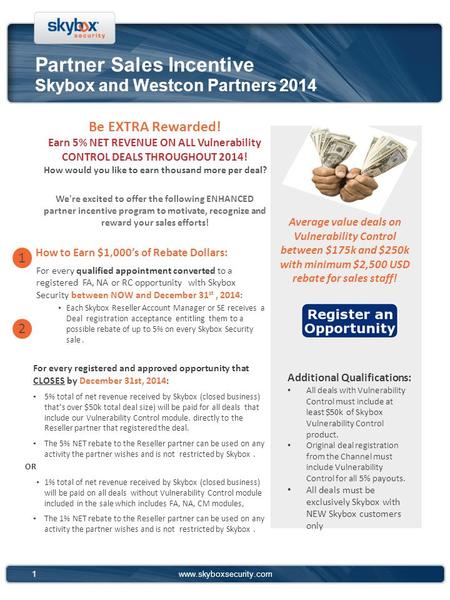 1www.skyboxsecurity.com Partner Sales Incentive Skybox and Westcon Partners 2014 Be EXTRA Rewarded! Earn 5% NET REVENUE ON ALL Vulnerability CONTROL DEALS.