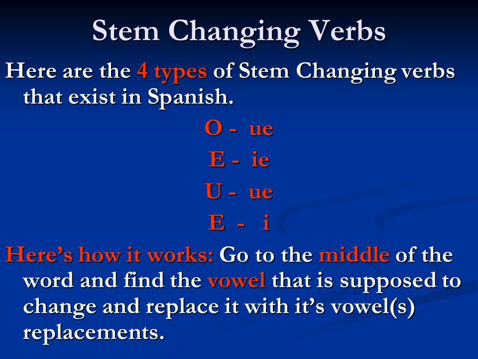 Stem Changing Verbs Here Are The 4 Types Of Stem Changing Verbs That Exist In Spanish O Ue E Ie U Ue E I Here S How It Works