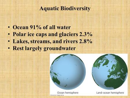 Aquatic Biodiversity Ocean 91% of all water Polar ice caps and glaciers 2.3% Lakes, streams, and rivers 2.8% Rest largely groundwater.