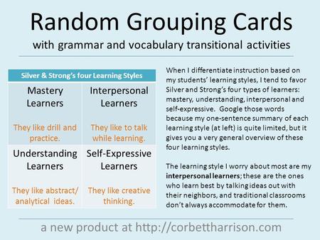 Random Grouping Cards with grammar and vocabulary transitional activities a new product at  When I differentiate instruction.